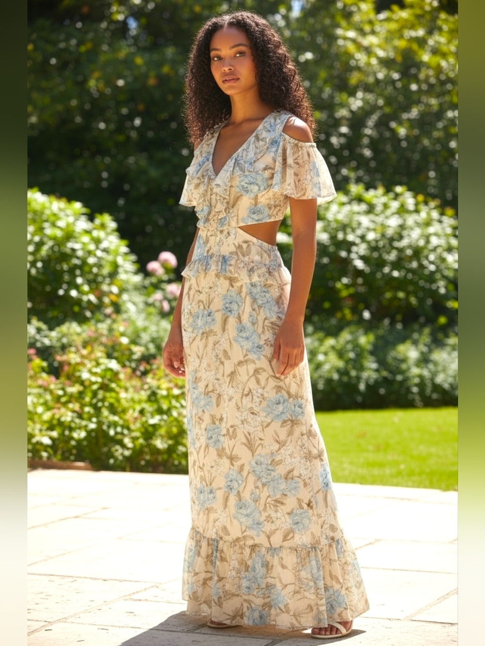 For Love & Lemons Dress Women M Tan Cadence Floral Off the Shoulder Ruff…